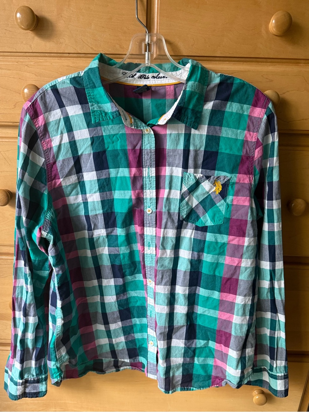 Boys Plaid Button-Up Long Polo Shirt in Teal & Pink